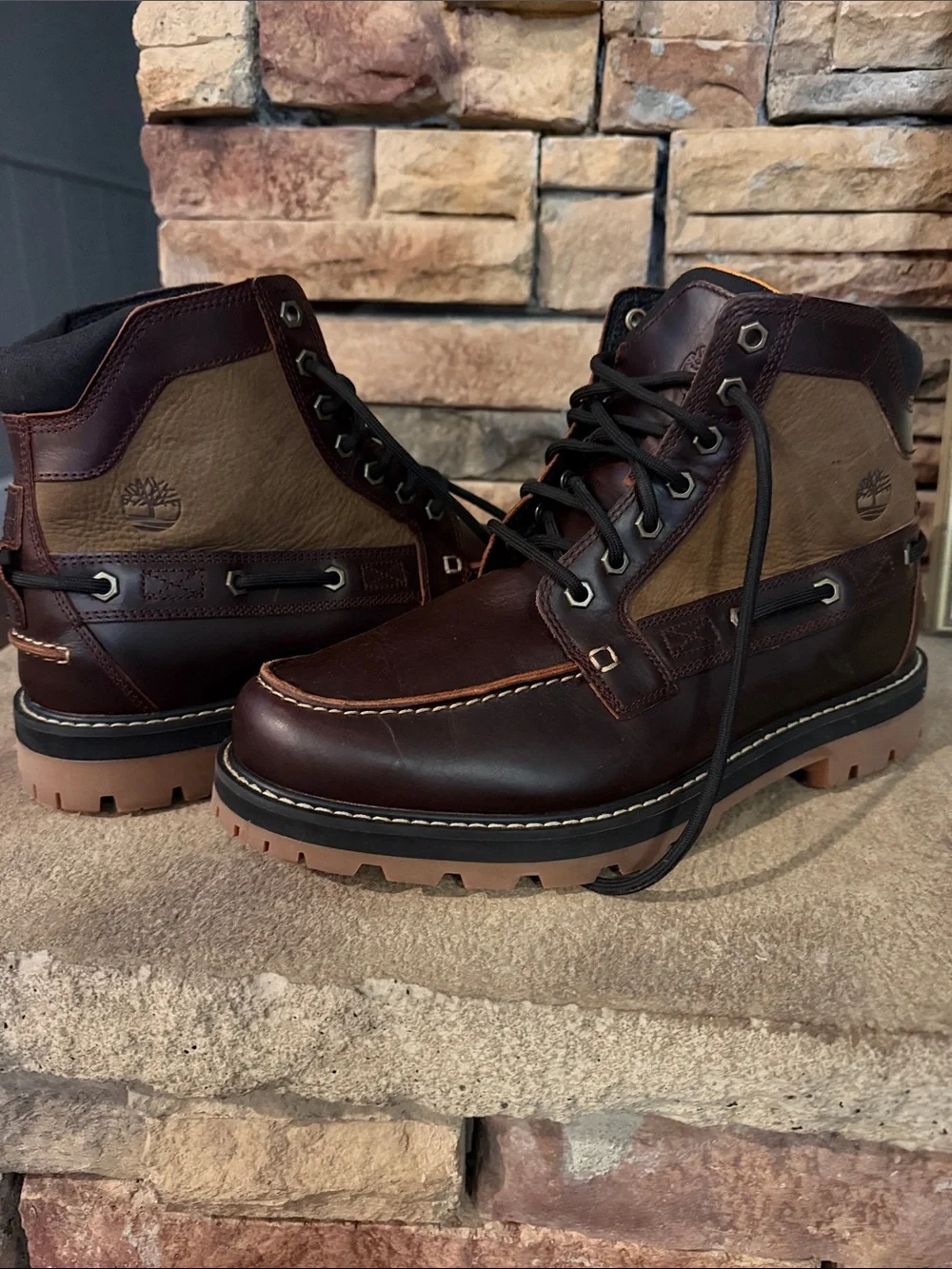 Timberland Mens Brown and Tan Leather Moc Toe Work Boots